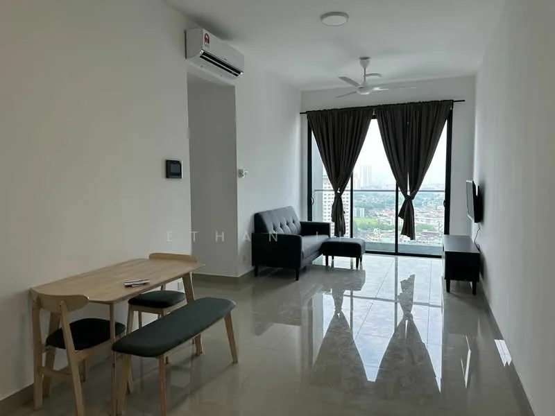 Living features: grey fabric sofa, 2-seater sofa, wooden dining table, bench seating, floor-to-ceiling windows, blackout curtains, wall-mounted TV, recessed downlights, marble tile flooring, 1 wall-mounted split AC, ceiling fan; style: modern; view: city.