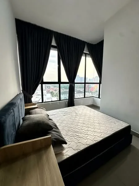 Bedroom features: king-size bed, upholstered headboard, blackout curtains, floor-to-ceiling windows, city view, wooden bedside table, decorative pillows, neutral wall color, tile flooring; style: modern; view: city.