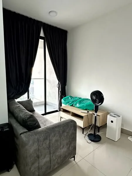 Living features: grey fabric sofa, black curtains, floor-to-ceiling windows, tile flooring, wooden coffee table, standing fan, air purifier, green bedding on the bed, wall-mounted light fixture; style: modern; view: city.