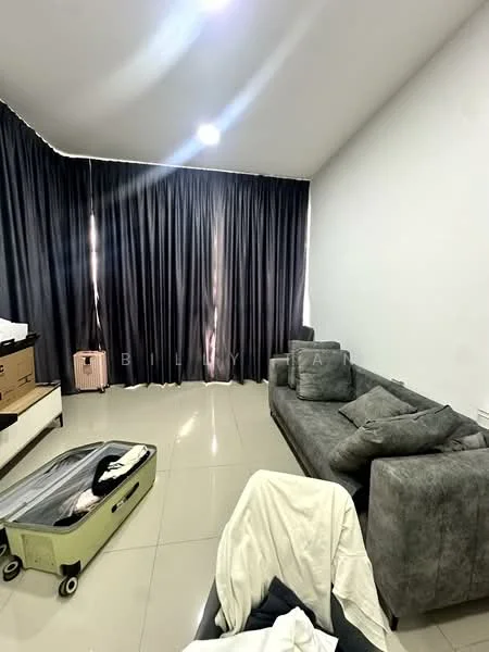Living features: grey fabric sectional sofa, large floor-to-ceiling windows covered with black curtains, polished ceramic tile flooring, white painted walls, recessed downlights, TV console, storage boxes, suitcase on the floor; style: modern.