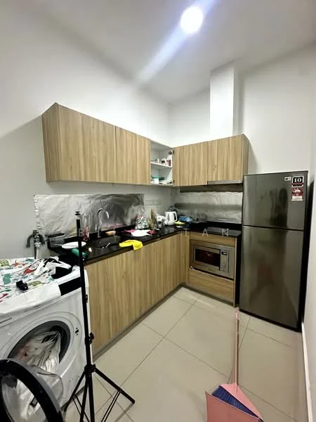 Kitchen features: laminate cabinetry in light wood finish, black countertop, stainless-steel fridge, built-in oven, electric kettle, microwave, single-bowl stainless-steel sink, chrome pull-down faucet, washing machine, ceramic tile flooring, recessed downlights; style: modern.