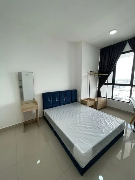 Bedroom features: queen-size bed, upholstered headboard in blue, white mattress with protective cover, two bedside tables in light wood, mirror on wooden frame, desk chair, floor-to-ceiling windows, dark curtains, glossy tile flooring, recessed downlights, white painted walls; style: modern; view: city.