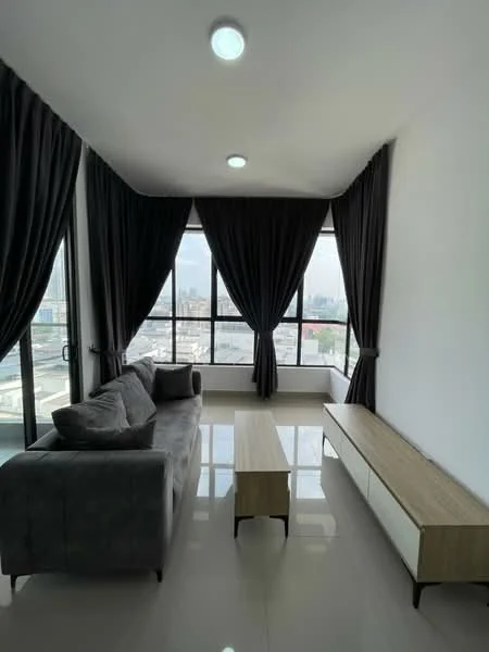 Living features: grey fabric sofa, wooden coffee table, TV console with drawers, floor-to-ceiling windows, blackout curtains, white painted walls, glossy tile flooring, recessed ceiling lights; style: modern; view: city.