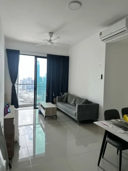 Living features: grey fabric sofa, coffee table, floor-to-ceiling windows, blackout curtains, 5-blade ceiling fan with light, wall-mounted air conditioning unit, glossy tile flooring, city skyline view; style: modern; view: city.