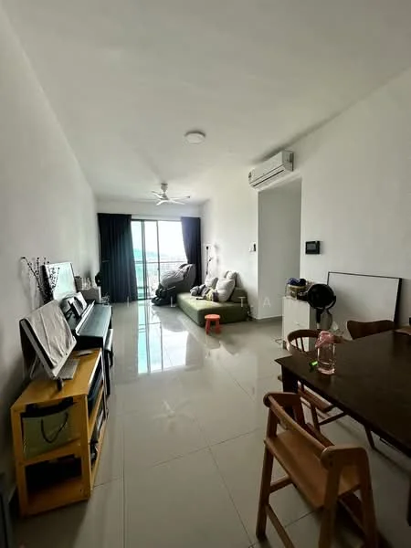 Living features: white painted walls, glossy tile flooring, 5-blade ceiling fan with light, floor-to-ceiling sliding glass door, blackout curtains, green fabric sofa, wooden coffee table, TV console, dining table with wooden chairs, decorative plants, air conditioning unit; style: modern; view: city.