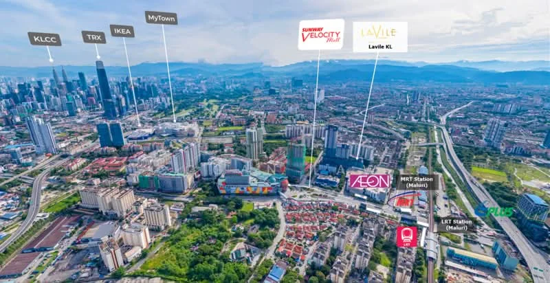 Exterior features: aerial view of city skyline, visible landmarks including KLCC, shopping mall signage, surrounding urban landscape, roadways and transportation links, mixed-use developments, green spaces, high-rise buildings, commercial areas; style: modern.