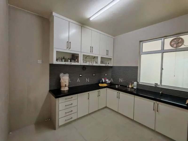 Kitchen features: black granite countertop, white shaker cabinets, stainless-steel sink, chrome pull-down faucet, built-in cabinets, glass-front upper cabinets, tile backsplash with horizontal stripes, floor-to-ceiling window, recessed lighting, white walls, ceramic tile flooring; style: modern.
