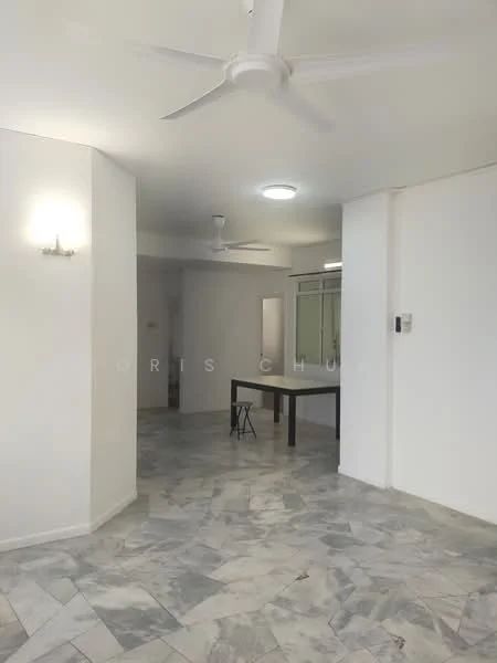Room features: marble flooring, white painted walls, 5-blade ceiling fan, recessed ceiling lights, wall sconce, open layout, table with chairs, glass sliding doors; style: modern.