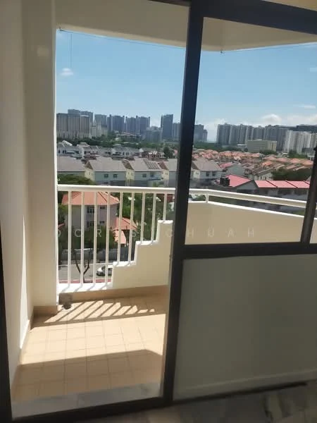 Room features: sliding glass door, balcony with railing, tile flooring, city view, white walls, natural light; view: city.