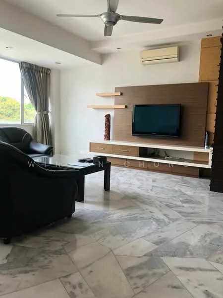 Living features: marble flooring, white painted walls, 5-blade ceiling fan with light, wall-mounted TV, TV console with storage, large window with sheer curtains, black leather sofa, glass coffee table, decorative wall panel, air conditioning unit; style: modern; view: garden.