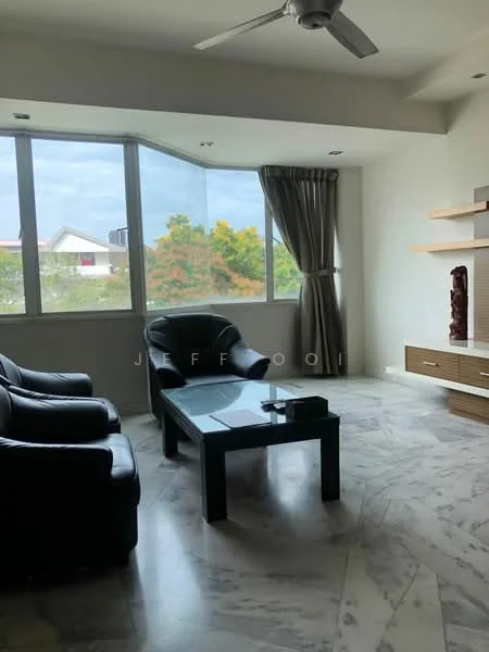 Living features: black leather armchairs, marble flooring, large windows with city view, curtains, wooden TV console, decorative wall feature, coffee table, ceiling fan; style: modern; view: city.