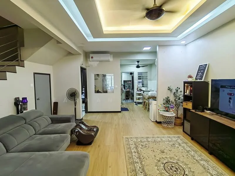 Living features: grey fabric sofa, recliner chair, area rug with geometric pattern, wooden flooring, ceiling fan, recessed downlights, wall-mounted TV, TV console, decorative wall art, open layout, large windows, air conditioning unit; style: modern. Room features: staircase, dining table, kitchen area visible, open space layout.