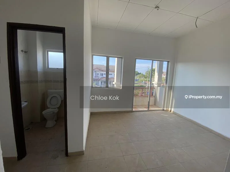 Room features: white painted walls, tile flooring, two windows with views, sliding glass door, visible bathroom area, ceiling with grid tiles, no visible furniture, open layout; view: city.
