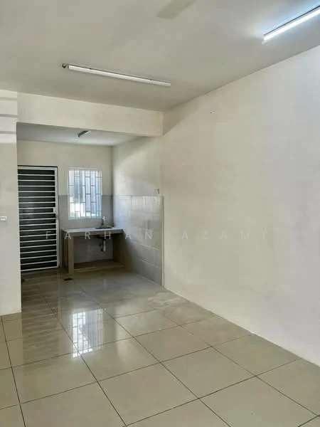 Room features: white painted walls, glossy ceramic tile flooring, fluorescent ceiling lights, window with metal grille, sink with countertop, neutral color scheme, open layout, no visible furniture; style: minimalist.