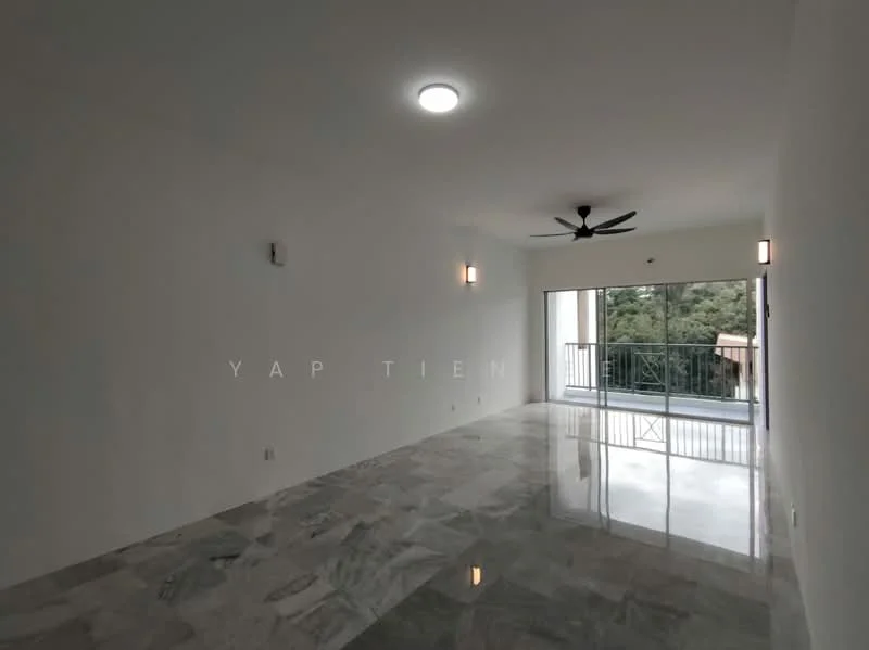 Living features: white painted walls, marble flooring, 5-blade ceiling fan with light, recessed downlights, sliding glass door, floor-to-ceiling windows, balcony view, wall sconces; style: modern; view: garden.