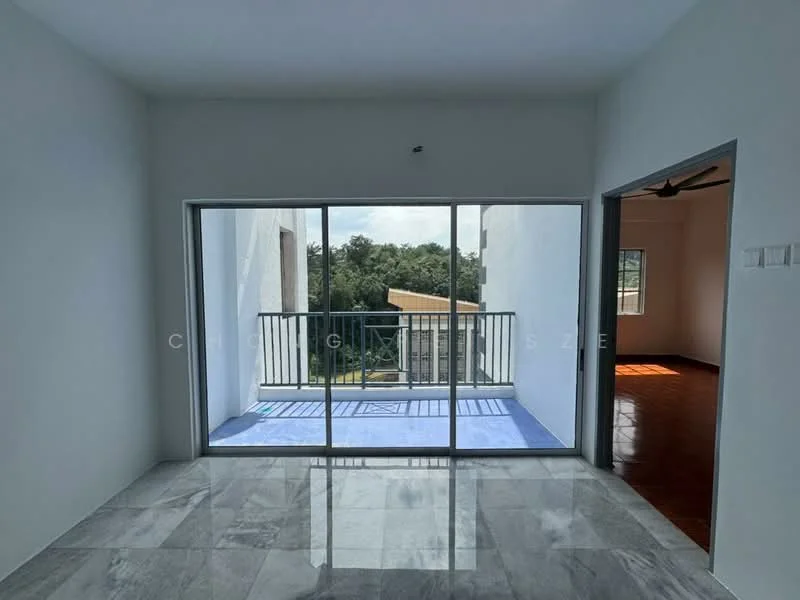 Room features: sliding glass door, floor-to-ceiling windows, grey marble flooring, white painted walls, ceiling fan, balcony with railing, view of greenery; style: modern; view: garden.