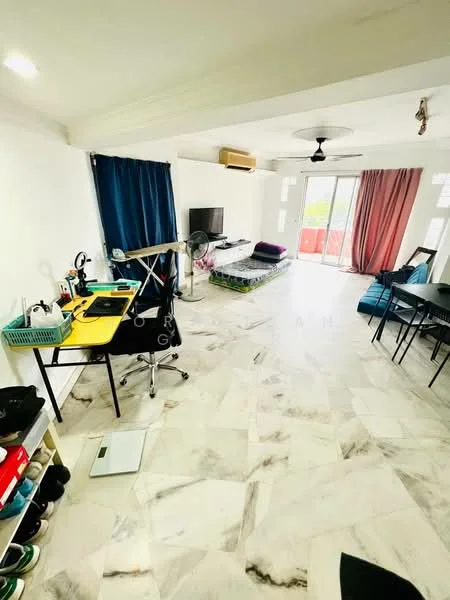 Living features: white painted walls, marble tile flooring, 5-blade ceiling fan, floor-to-ceiling windows, sliding glass door, blue curtains, pink curtains, TV console, sofa, study desk with chair, open shelving, decorative plants; style: modern; view: garden.