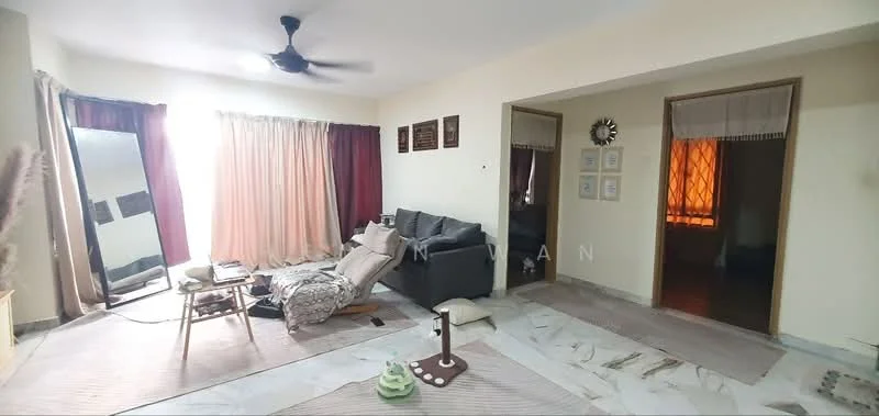 Living features: 5-blade ceiling fan, grey fabric sofa, area rug, marble flooring, floor-to-ceiling mirror, curtains in red and beige, decorative wall art, coffee table, wall-mounted clock; style: modern. Room features: doorway leading to other rooms, orange curtains, light-colored walls.