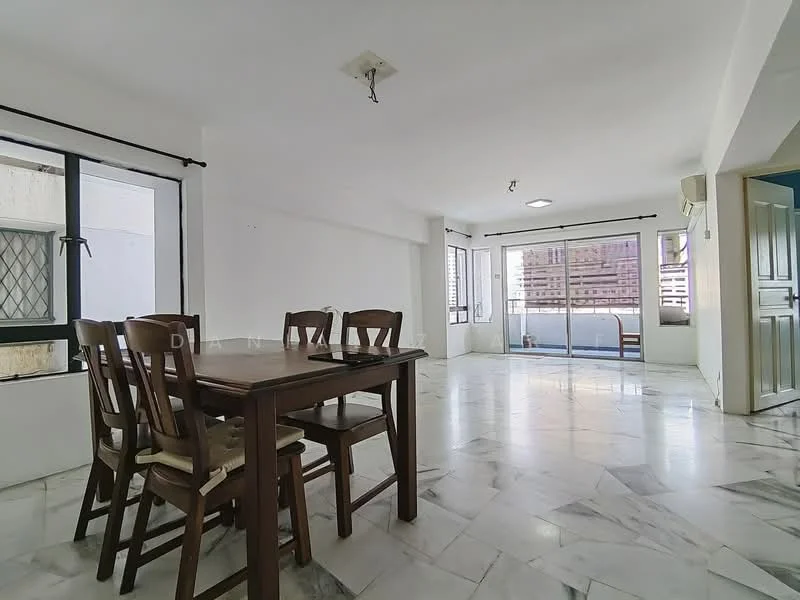 Dining features: marble flooring, white painted walls, ceiling light fixture, dining table with four wooden chairs, floor-to-ceiling windows, sliding glass door, air conditioning unit, view of balcony; style: modern; view: city. Room features: white painted walls, marble flooring, ceiling light fixture, air conditioning unit.