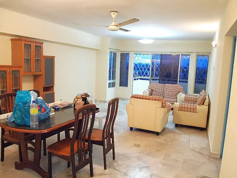 Living features: marble flooring, white painted walls, 5-blade ceiling fan with light, floor-to-ceiling windows, plaid fabric sofa, 2-seater cream leather sofa, wooden dining table with 4 chairs, wooden display cabinet, decorative items on table; style: modern; view: city.