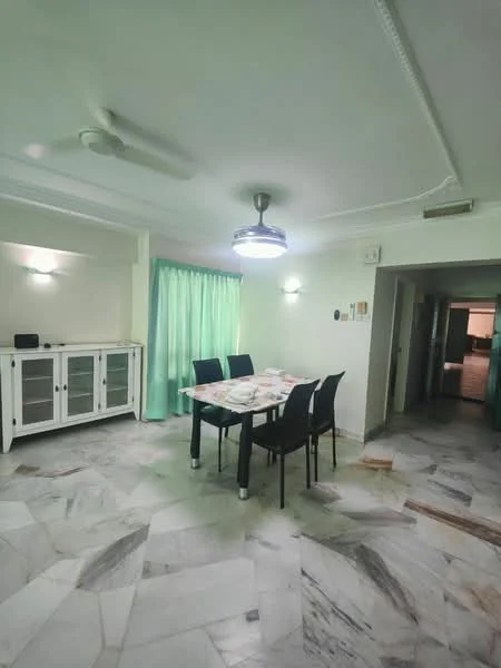 Dining features: marble flooring, white walls, 5-blade ceiling fan with light, round dining table, black dining chairs, sideboard with glass doors, green sheer curtains, recessed ceiling lights; style: modern. Room features: white walls, marble flooring, doorway leading to another room.