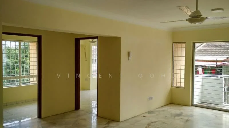 Room features: cream painted walls, marble flooring, ceiling fan, large windows, sliding glass door, natural light, open layout, doorway to adjacent room; style: modern; view: garden.