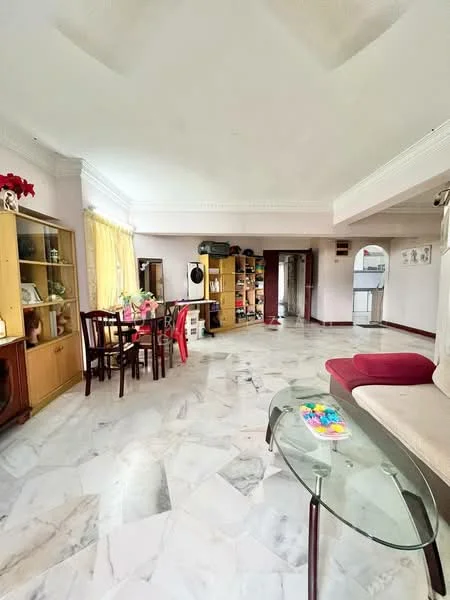 Living features: marble flooring, white painted walls, tray ceiling, large windows with sheer curtains, glass coffee table, 3-seater fabric sofa in light color, wooden dining table with chairs, open shelving unit, decorative plants, area rug, wall-mounted artwork; style: contemporary.