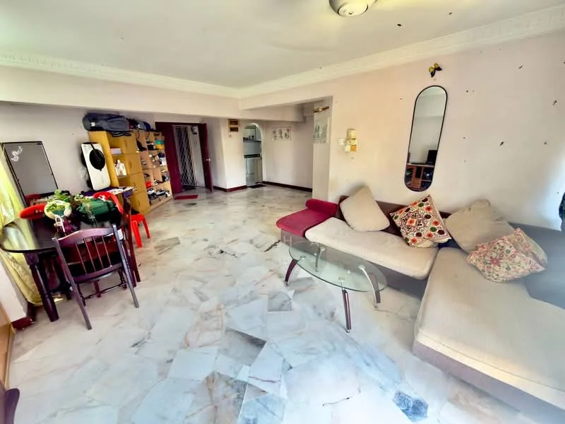 Living features: marble tile flooring, cream painted walls, ceiling rose, 5-blade ceiling fan, L-shape sectional sofa in beige, decorative cushions, glass coffee table, round dining table, 4 dining chairs, open shelving unit, wall-mounted mirror; style: modern.