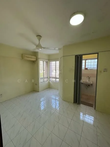 Room features: white painted walls, glossy white tile flooring, ceiling fan, 1 wall-mounted split AC, floor-to-ceiling windows, natural light from windows, door leading to bathroom area, corner layout.
