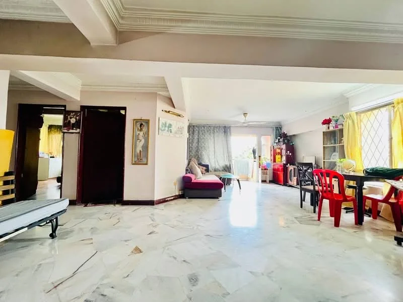 Living features: marble flooring, white painted walls, crown moulding, large windows with grid pattern, curtains, sofa in dark color, red plastic chairs, dining table, decorative plants, artwork on wall, ceiling light fixture; style: modern; view: garden. Room features: doorway leading to another room, open layout, natural light from windows.