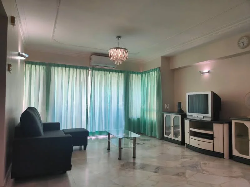 Living features: 3-seater fabric sofa in black, glass coffee table, marble flooring, chandelier, wall-mounted TV, TV console, floor-to-ceiling windows with sheer curtains, air conditioning unit; style: modern.