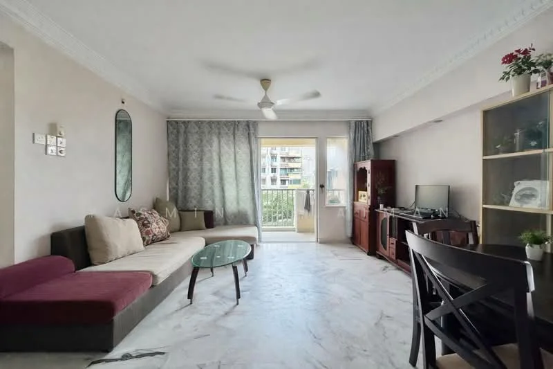 Living features: 3-seater fabric sofa in beige, sectional sofa with burgundy accent, glass coffee table, ceiling fan with light, floor-to-ceiling sliding glass door, curtains, marble flooring, wall-mounted TV, wooden TV console, wooden display cabinet, dining table with chairs; style: modern; view: garden.