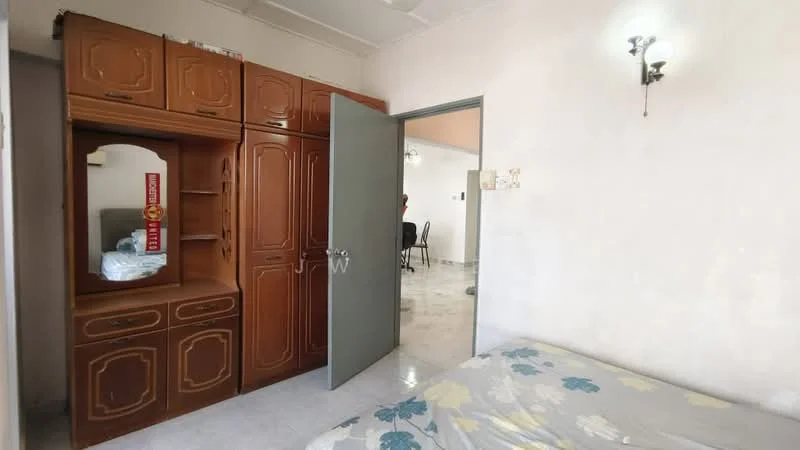 Bedroom features: built-in wooden wardrobe with mirror, double bed with floral bedding, white tiled flooring, plain white walls, ceiling light fixtures, door with handle, window with no visible treatment.