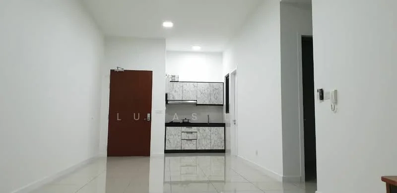 Kitchen features: white painted walls, glossy tile flooring, black countertop, marble-patterned cabinetry, single-bowl stainless-steel sink, chrome pull-down faucet, built-in oven, freestanding range oven, recessed downlights; style: modern. Room features: white painted walls, glossy tile flooring, door to the left, open space layout.