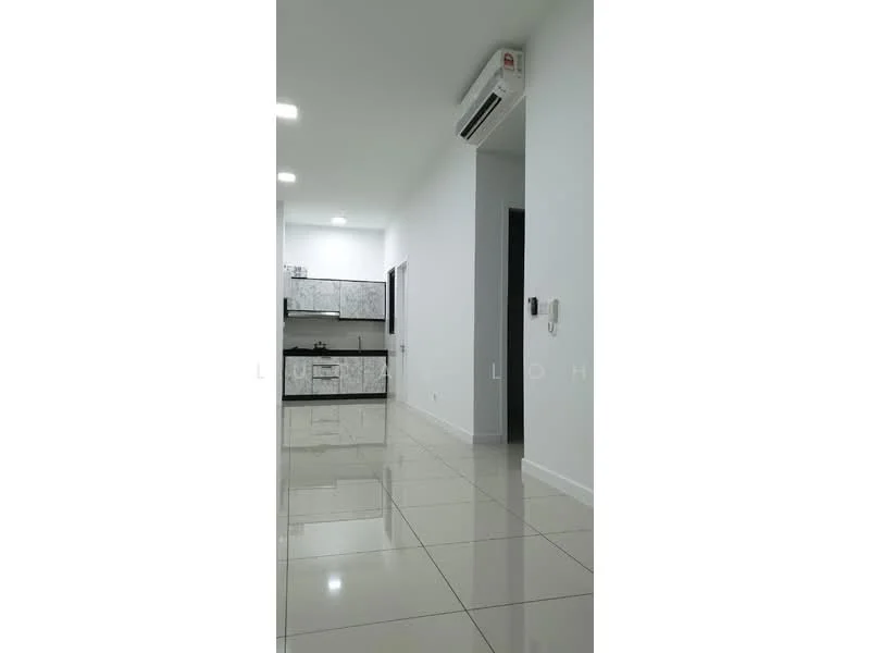 Room features: white painted walls, glossy ceramic tile flooring, recessed LED downlights, wall-mounted split AC, kitchen area with cabinets, open layout, doorway leading to another room, neutral color scheme; style: modern.
