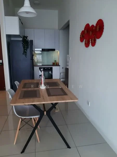 Dining features: wooden dining table with black metal legs, 4 white plastic dining chairs, ceramic vase with candle, wall-mounted cabinets in white, built-in oven, stainless-steel fridge, glass backsplash, tile flooring, decorative wall art with red accents; style: modern. Kitchen features: white cabinetry, built-in stove, countertop with integrated sink, open shelving, recessed lighting; style: modern.