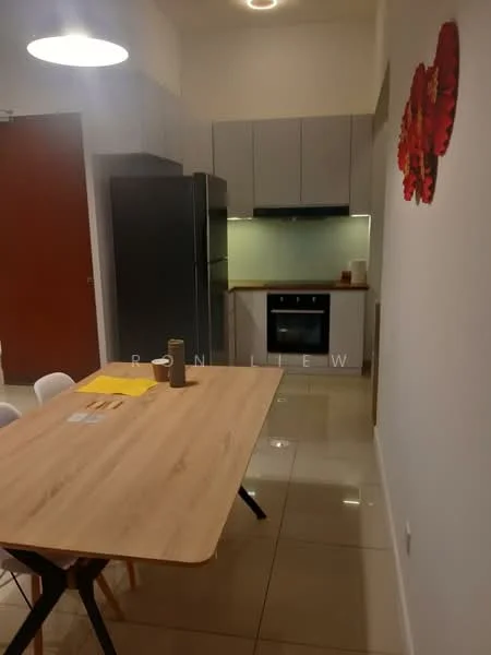Kitchen features: grey cabinetry, stainless-steel fridge, built-in oven, ceramic tile flooring, wood countertop, kitchen island, dining table with wooden surface, white dining chairs, recessed ceiling lights, wall-mounted backsplash, decorative wall art; style: modern.