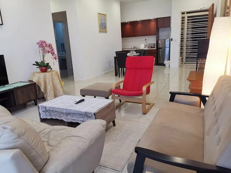 Living features: cream painted walls, glossy tile flooring, 5-blade ceiling fan with light, sofa in beige fabric, red rocking chair, wooden coffee table, area rug with neutral color, TV console, wall-mounted TV, decorative plant in ceramic pot, framed artwork on wall, dining area visible in background; style: modern.