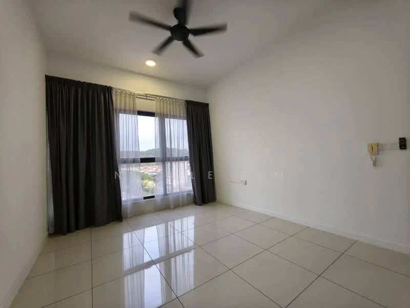 Room features: white painted walls, glossy ceramic tile flooring, 5-blade ceiling fan, floor-to-ceiling windows, sheer curtains, blackout curtains, mounting for wall controls, view of the city skyline; style: modern; view: city.