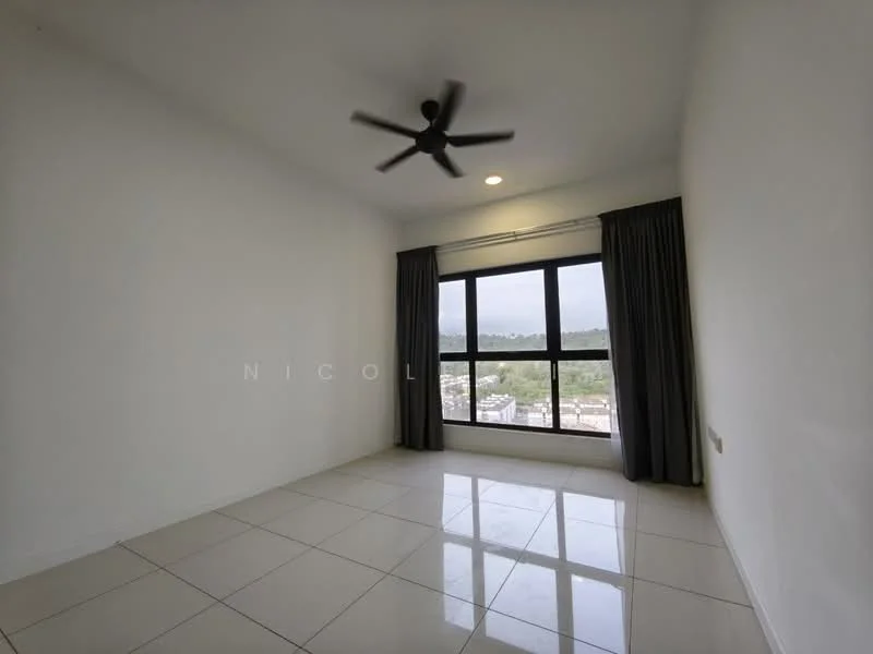 Room features: white painted walls, glossy tile flooring, 5-blade ceiling fan, floor-to-ceiling windows, blackout curtains, city view, natural light, neutral color scheme; style: modern; view: city.