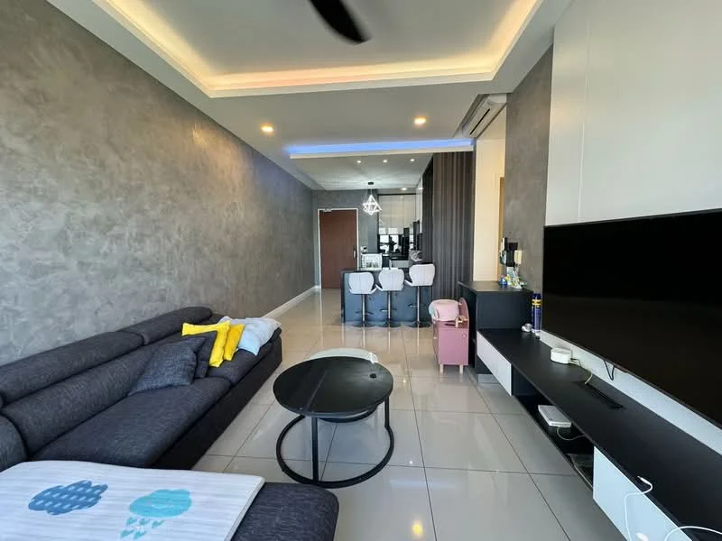 Living features: grey fabric L-shape sectional sofa, black round coffee table, white wall-mounted TV unit, large flat-screen TV, recessed ceiling lights, tray ceiling with LED strip lighting, glossy white tiled flooring, decorative wall with textured finish, open layout to dining area, floor-to-ceiling windows, ceiling fan; style: modern.