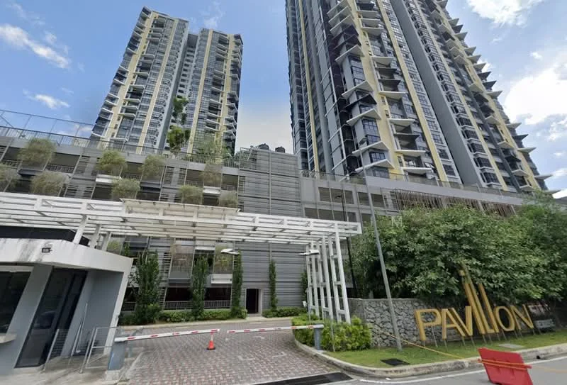 Exterior type: high-rise condominium; features: glass curtain wall, white painted facade, recessed balconies, landscaped entrance, manicured lawn, paved driveway, security gate, multiple storeys, modern architectural design; style: modern.