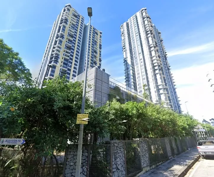 Exterior type: high-rise condominium; features: glass curtain wall, exposed concrete facade, recessed balconies, landscaped greenery at base, manicured hedges, street view, surrounded by mature trees; style: modern.