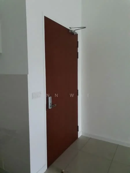 Room features: brown wooden door, metal door handle, door lock, white walls, light grey tiled flooring; style: modern.