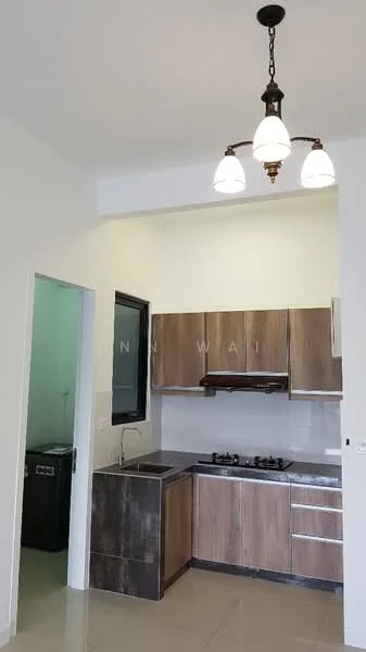 Kitchen features: brown wooden cabinetry, grey laminate countertop, single-bowl stainless-steel sink, chrome pull-down faucet, 4-burner gas hob, built-in oven, ceramic tile flooring, recessed downlights, pendant light with three bulbs, black framed window, white painted walls; style: modern.