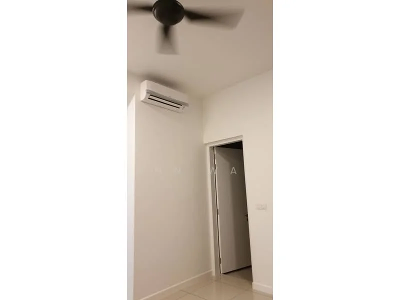 Room features: white painted walls, tile flooring, 5-blade ceiling fan, 1 wall-mounted split AC, door leading to another room.