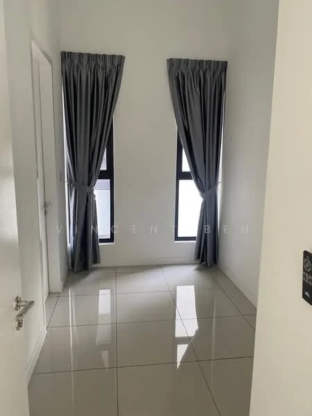 Room features: white painted walls, grey curtains, two windows, glossy ceramic tile flooring, neutral color scheme, modern design; style: modern.