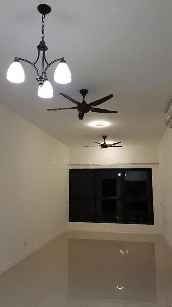 Room features: white painted walls, glossy tile flooring, 2 ceiling fans, chandelier with 3 glass shades, floor-to-ceiling windows, air conditioning unit; style: modern.