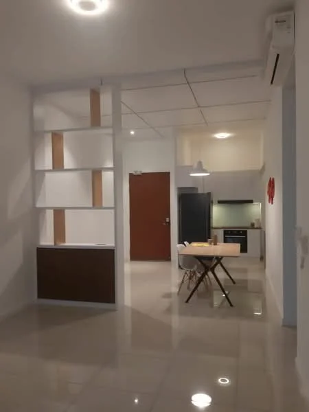 Room features: white painted walls, ceiling with recessed lighting, glossy tile flooring, wall-mounted split AC, open shelving unit, wooden accent panel, dining table with chairs, kitchen area with stove, pendant light over dining table; style: modern.