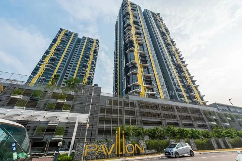 Exterior type: high-rise condominium; features: glass curtain wall, yellow accent panels, stone cladding at base, multiple balconies, landscaped garden at ground level, modern architectural design, surrounded by greenery, two tall towers, main entrance with signage; style: modern.